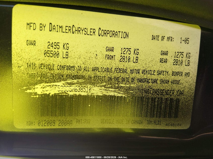 CHRYSLER 300 2005 VIN 2C3AK53G65H638510