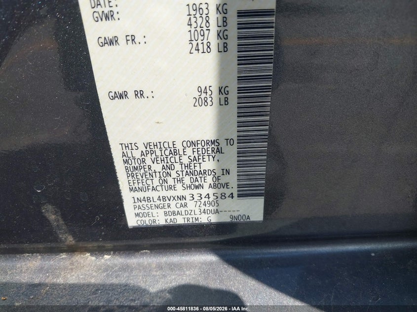2022 NISSAN ALTIMA SEDAN 2.5L I-4 DI, DOHC, VVT, 188HP