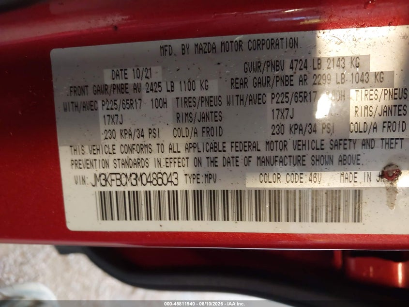 MAZDA CX-5 2021 VIN JM3KFBCM3M0486043