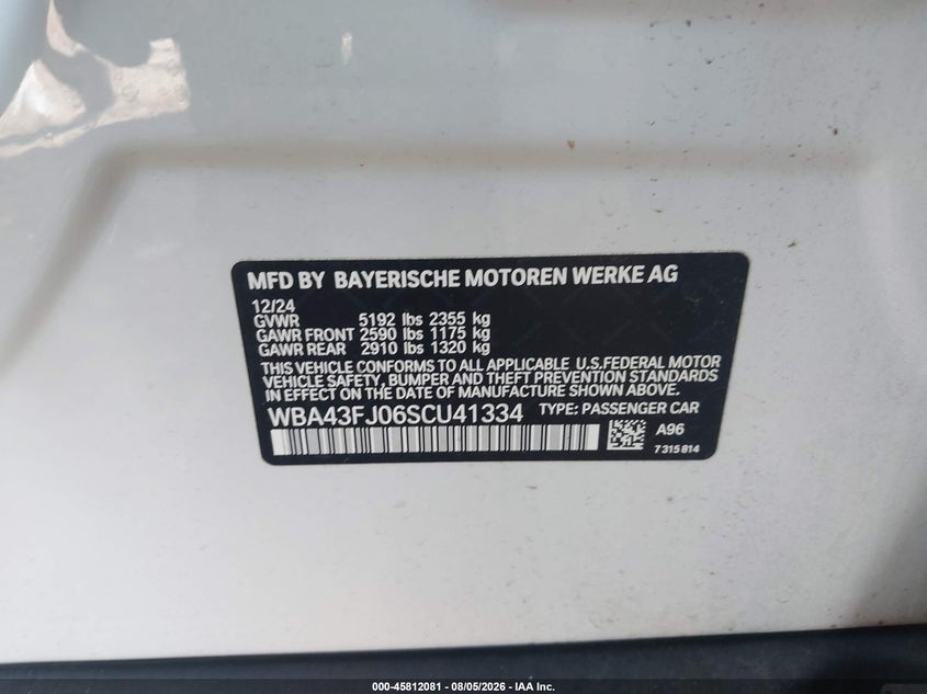 BMW 530I 2025 VIN WBA43FJ06SCU41334
