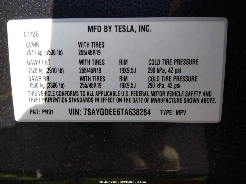 TESLA MODEL Y 2026 VIN 7SAYGDEE6TA638284