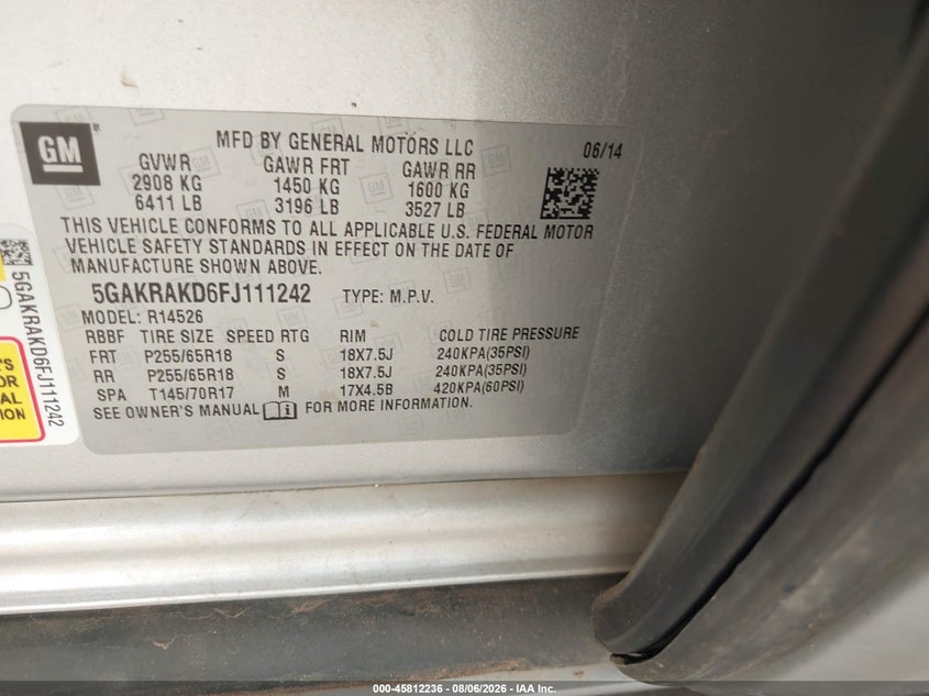 BUICK ENCLAVE 2015 VIN 5GAKRAKD6FJ111242