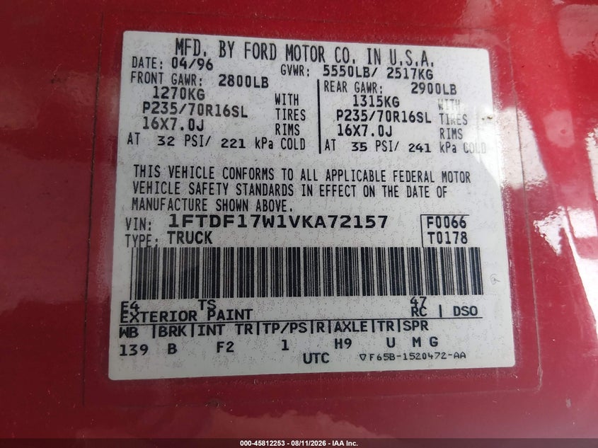 FORD F-150 STANDARD 1997 VIN 1FTDF17W1VKA72157
