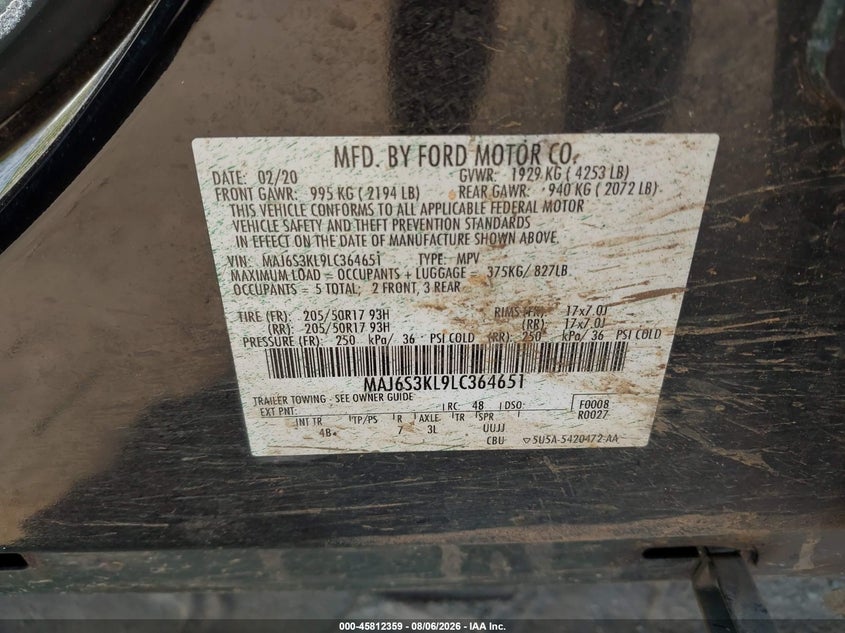 FORD ECOSPORT 2020 VIN MAJ6S3KL9LC364651