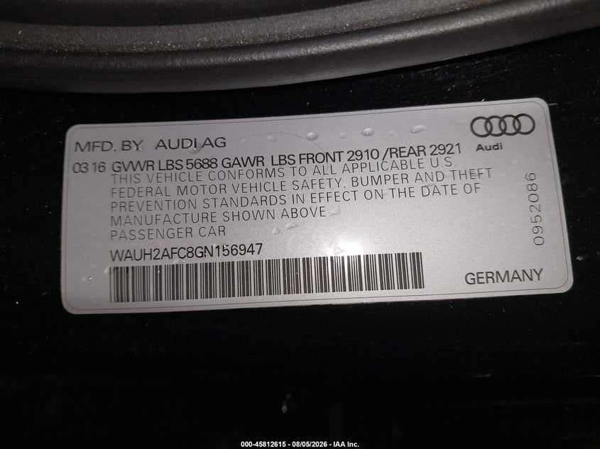 AUDI S6 2016 VIN WAUH2AFC8GN156947