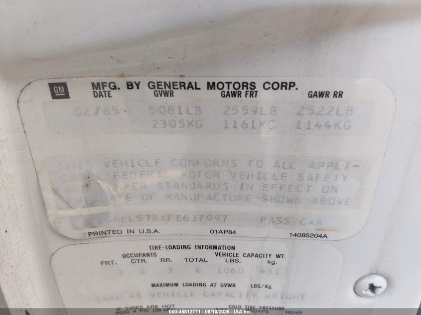 CADILLAC ELDORADO 1985 VIN 1G6EL578XFE637997