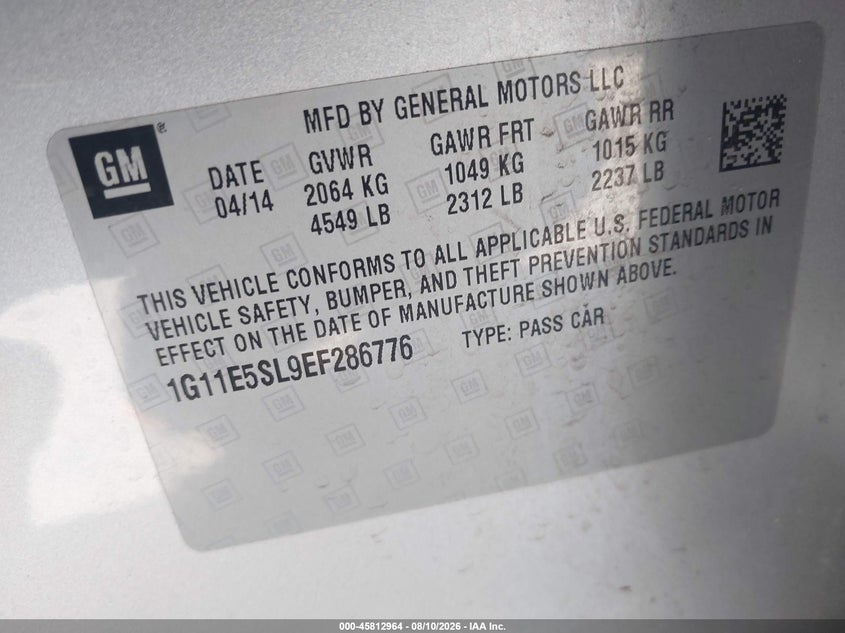 2014 CHEVROLET MALIBU SEDAN 2.5L I-4 DI, DOHC, VVT, 196HP