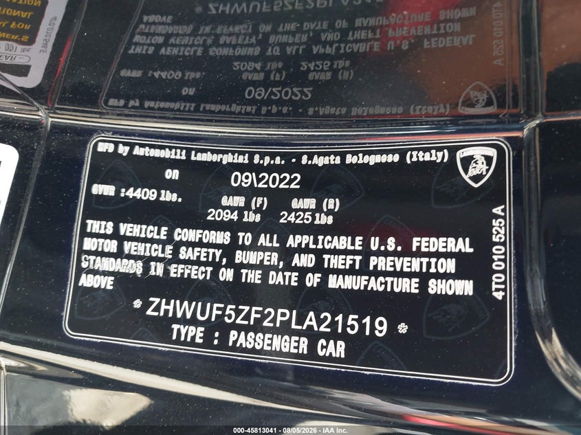LAMBORGHINI HURACAN EVO 2023 VIN ZHWUF5ZF2PLA21519