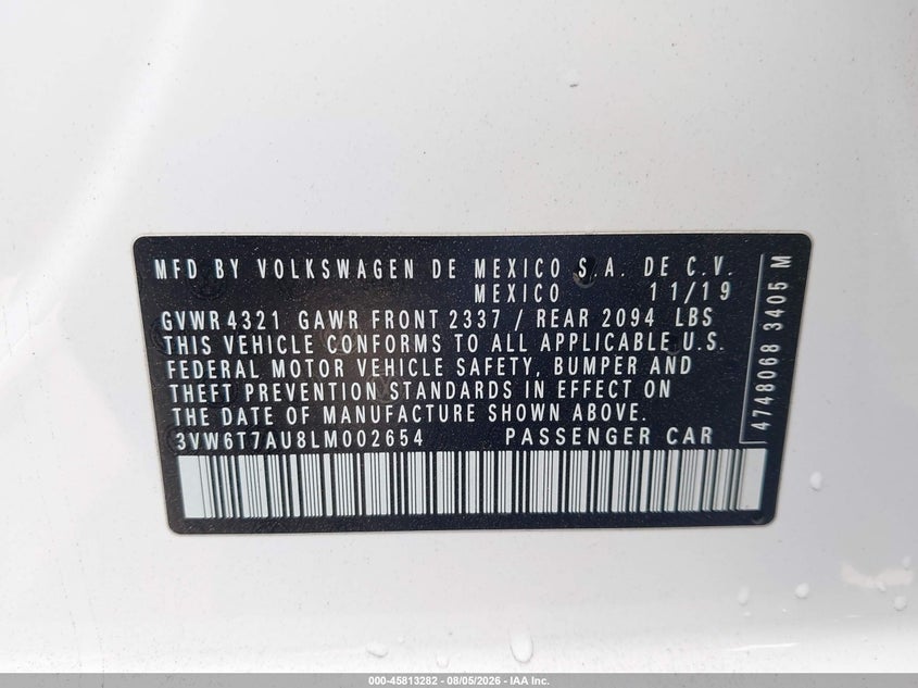VOLKSWAGEN GOLF GTI 2020 VIN 3VW6T7AU8LM002654