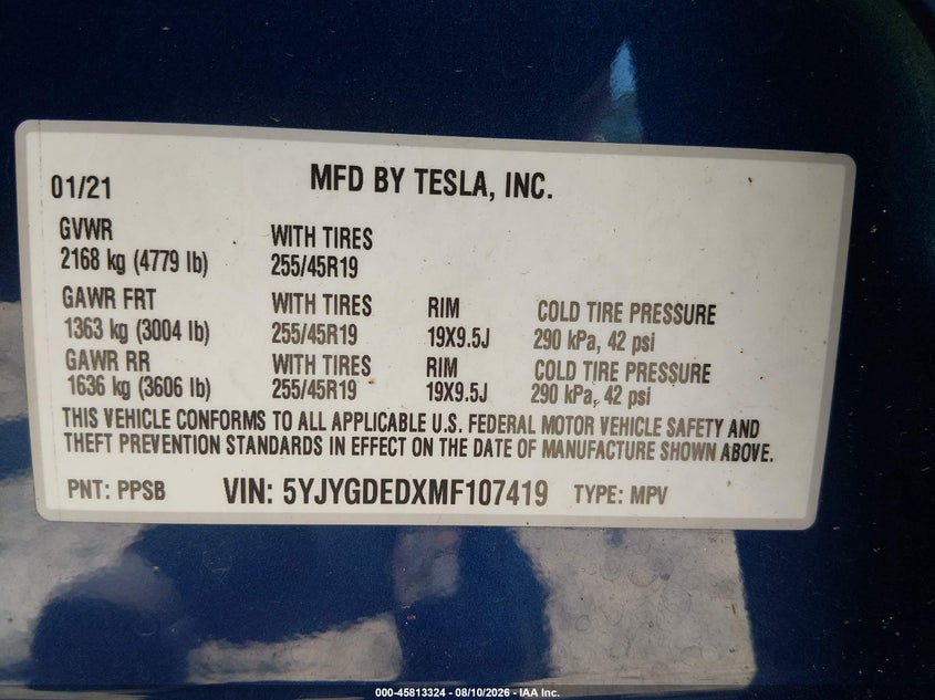 TESLA MODEL Y 2021 VIN 5YJYGDEDXMF107419
