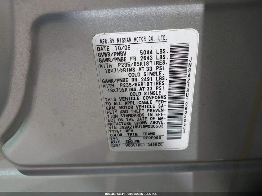 NISSAN MURANO 2009 VIN JN8AZ18U19W030503