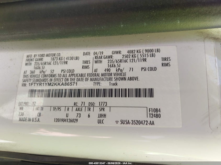 FORD TRANSIT-250 2019 VIN 1FTYR1YM2KKA86571