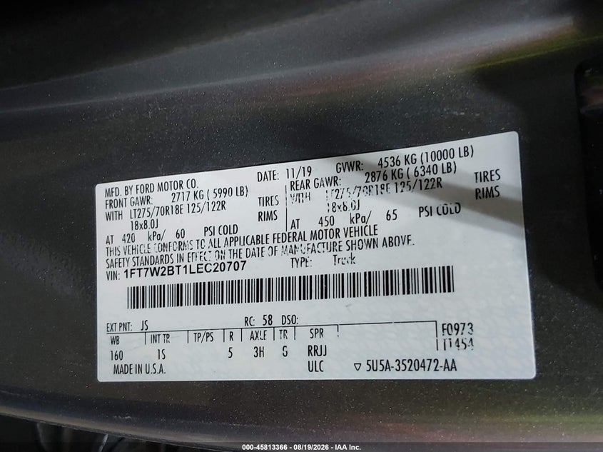 FORD F-250 2020 VIN 1FT7W2BT1LEC20707