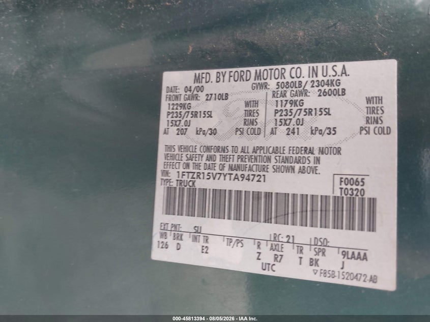 FORD RANGER 2000 VIN 1FTZR15V7YTA94721