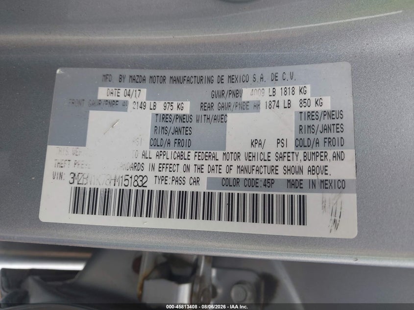MAZDA MAZDA3 2017 VIN 3MZBN1K78HM151832