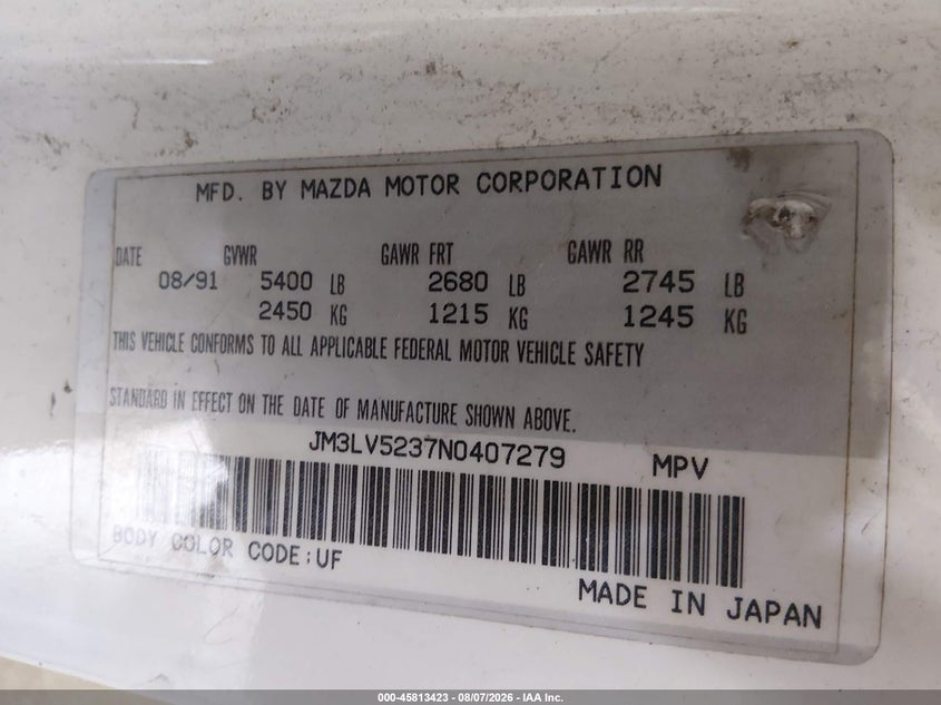 MAZDA MPV 1992 VIN JM3LV5237N0407279