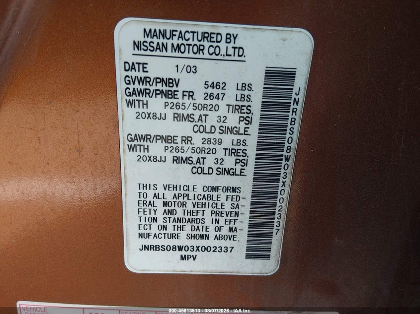 INFINITI FX45 2003 VIN JNRBS08W03X002337