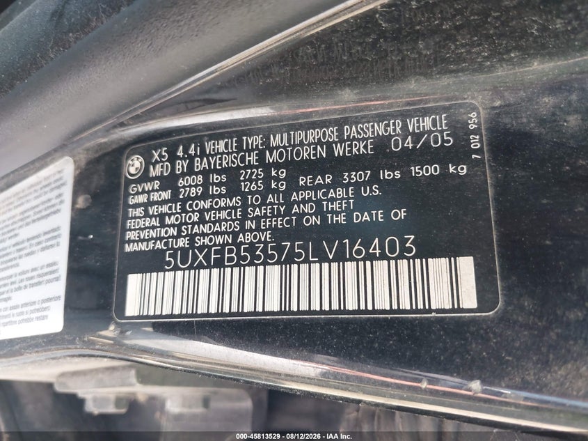 BMW X5 2005 VIN 5UXFB53575LV16403