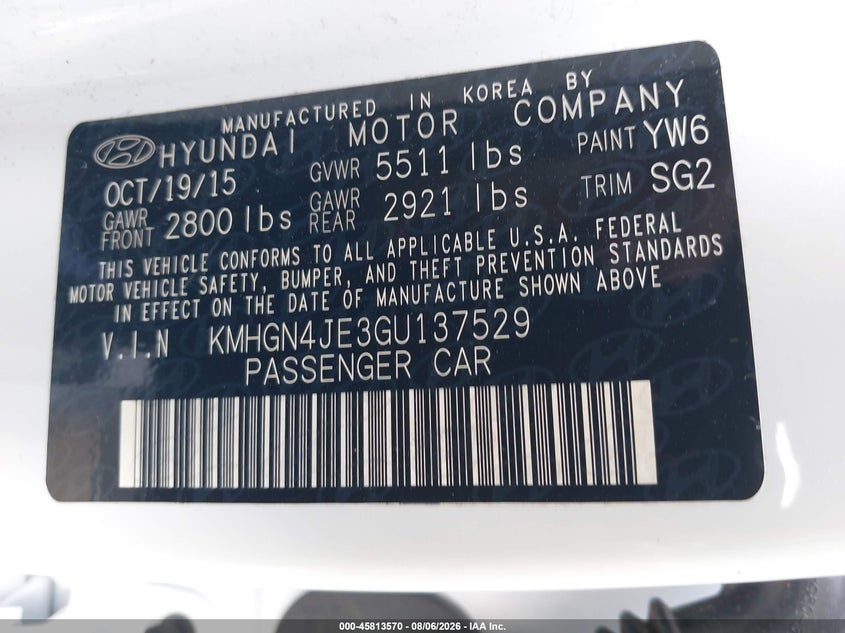 HYUNDAI GENESIS 2016 VIN KMHGN4JE3GU137529