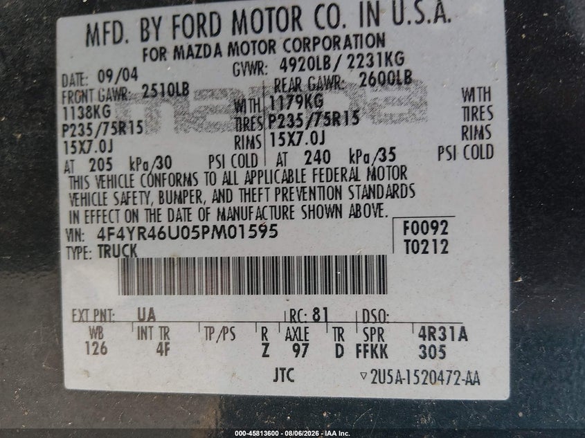 MAZDA B3000 2005 VIN 4F4YR46U05PM01595