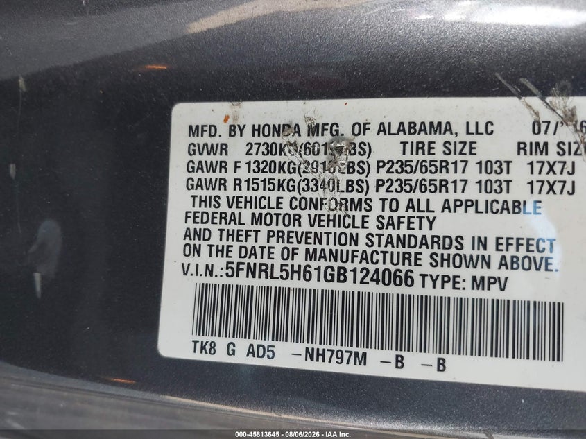 HONDA ODYSSEY 2016 VIN 5FNRL5H61GB124066