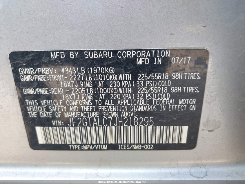 SUBARU CROSSTREK 2018 VIN JF2GTALC7JH218295
