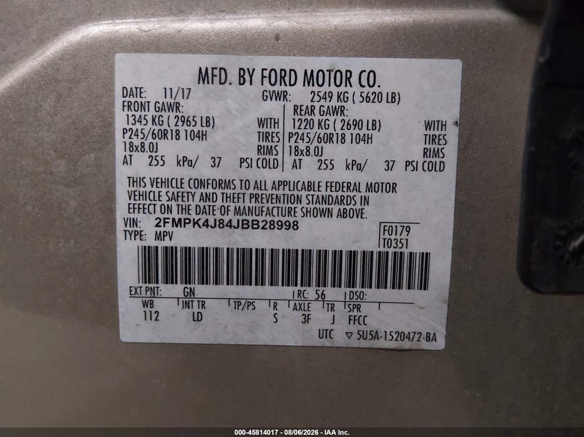 2018 FORD EDGE SPORT UTILITY VEHICLE 3.5L V6 FI DOHC 24V NF4
