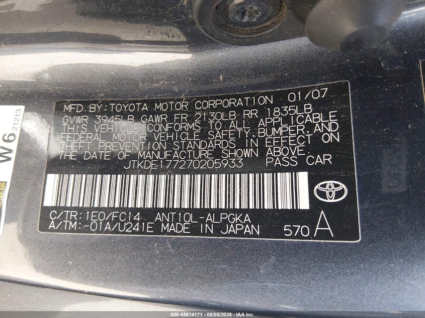 2007 SCION TC COUPE 2.4L I-4 DOHC, VVT, 160HP