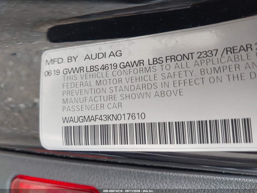 AUDI A4 2019 VIN WAUGMAF43KN017610