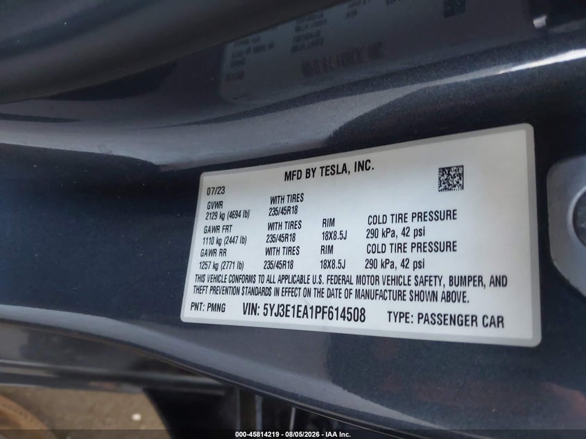 TESLA MODEL 3 2023 VIN 5YJ3E1EA1PF614508