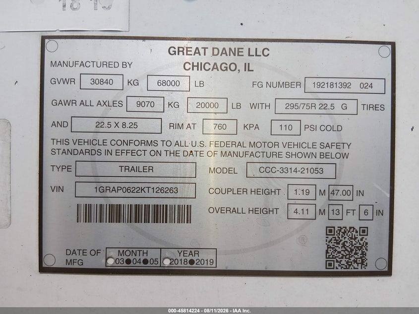 2019 GREAT DANE TRAILERS DRY VAN TRAILER auction photo 8