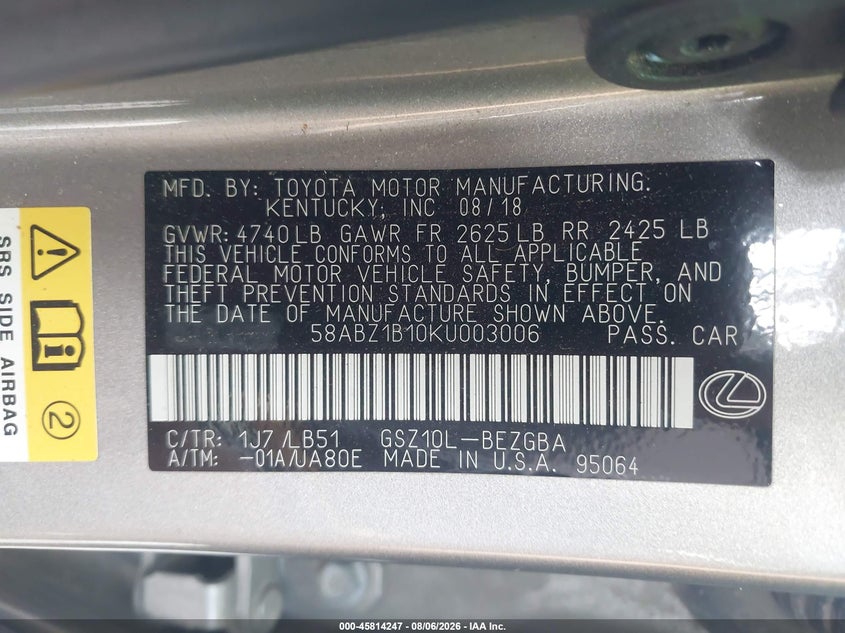 2019 LEXUS ES SEDAN 3.5L V-6 DI, DOHC, VVT, 302HP