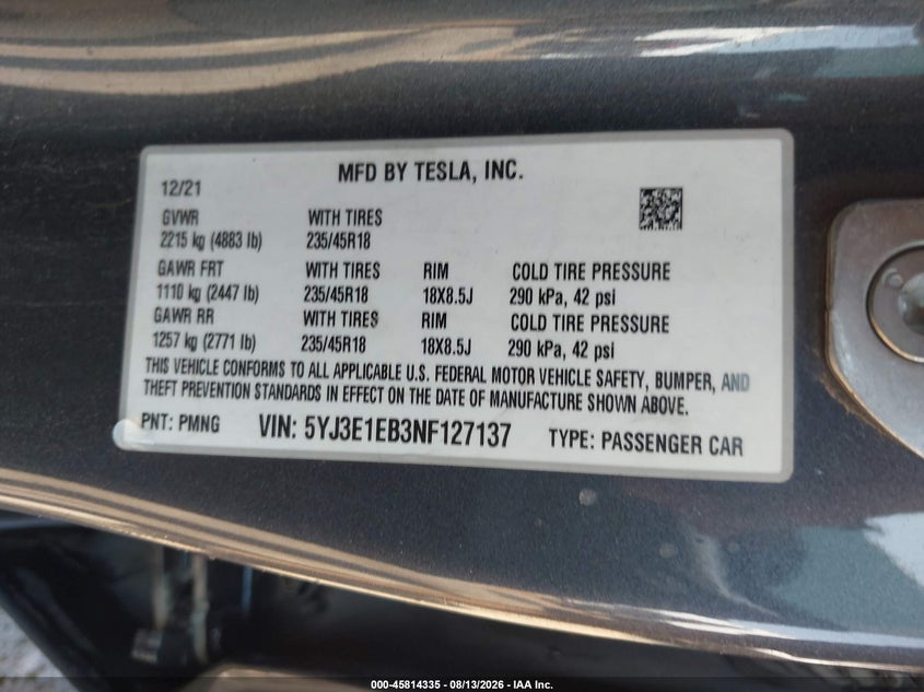 TESLA MODEL 3 2022 VIN 5YJ3E1EB3NF127137