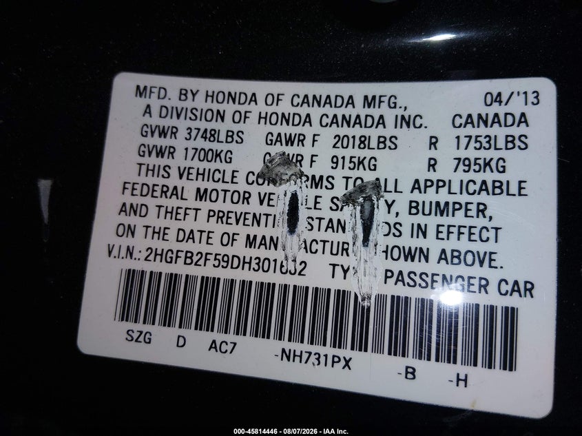 2013 HONDA CIVIC SEDAN 1.8L I-4 VVT, 140HP
