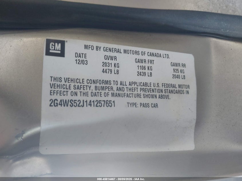 2004 BUICK CENTURY SEDAN 3.1L V-6 175HP