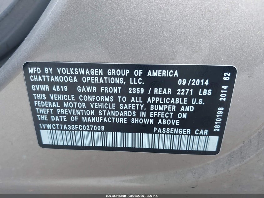2015 VOLKSWAGEN PASSAT SEDAN 1.8L I-4 DI, DOHC, VVT, TURBO, 170HP