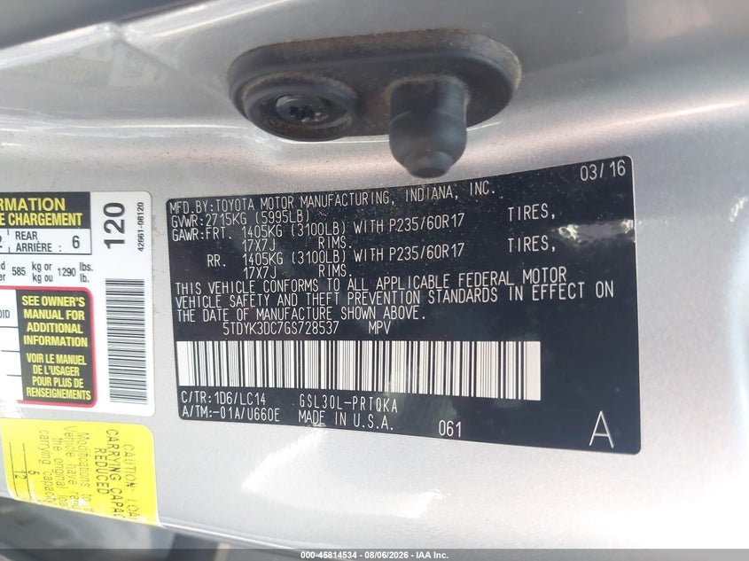 2016 TOYOTA SIENNA VAN 3.5L V-6 DOHC, VVT, 266HP