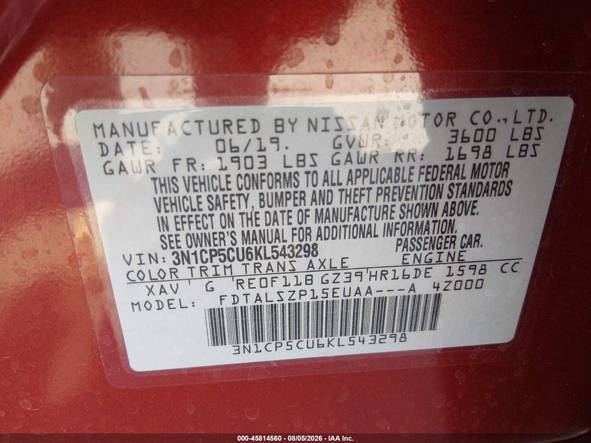 NISSAN KICKS 2019 VIN 3N1CP5CU6KL543298