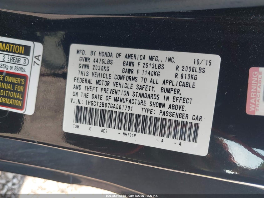 HONDA ACCORD 2016 VIN 1HGCT2B07GA001701