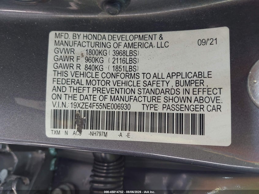 HONDA INSIGHT 2022 VIN 19XZE4F55NE006930
