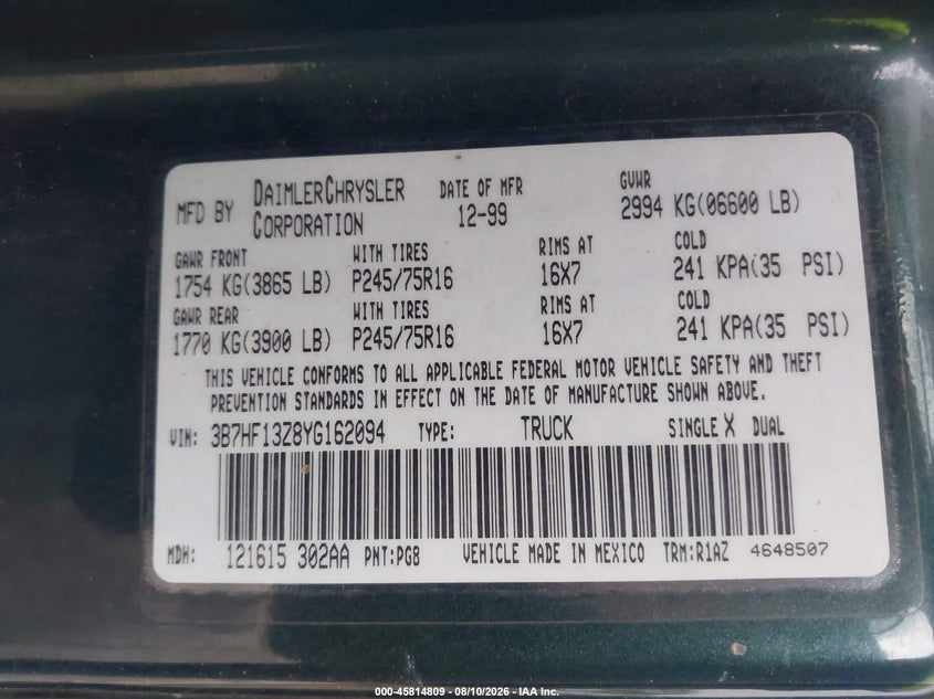 DODGE RAM 1500 2000 VIN 3B7HF13Z8YG162094