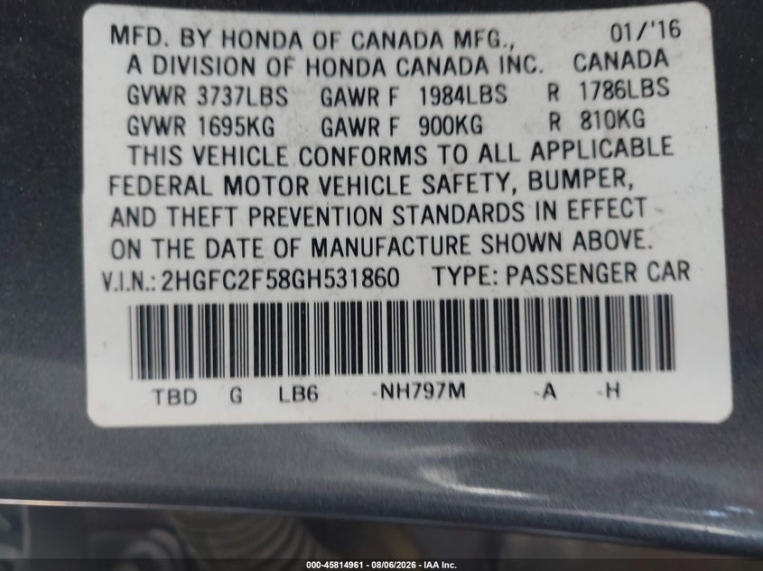 2016 HONDA CIVIC SEDAN 2.0L I-4 DOHC, VVT, 158HP
