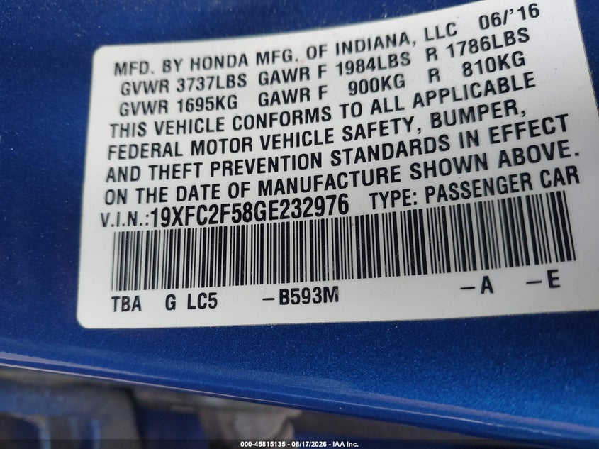 2016 HONDA CIVIC SEDAN 2.0L I-4 DOHC, VVT, 158HP