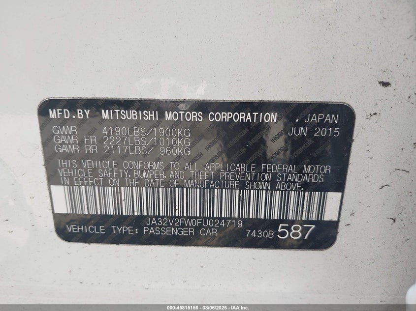 2015 MITSUBISHI LANCER SEDAN 2.4L I-4 DOHC, VVT, 168HP