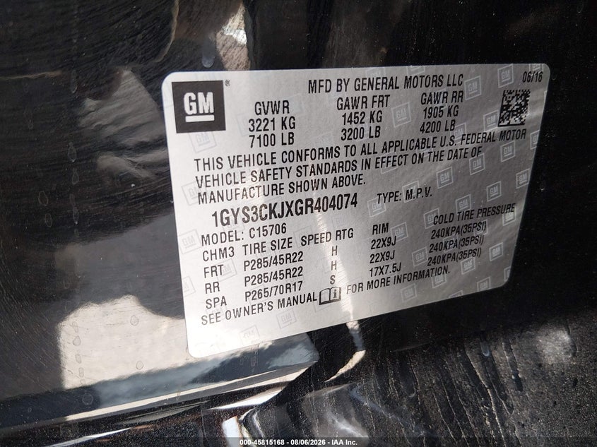 CADILLAC ESCALADE 2016 VIN 1GYS3CKJXGR404074