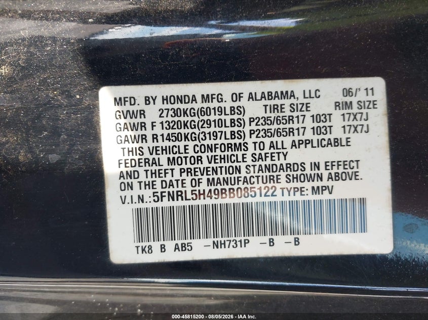 HONDA ODYSSEY 2011 VIN 5FNRL5H49BB085122