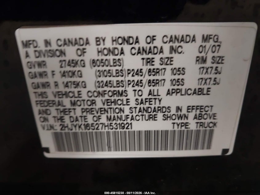 HONDA RIDGELINE 2007 VIN 2HJYK16527H531921