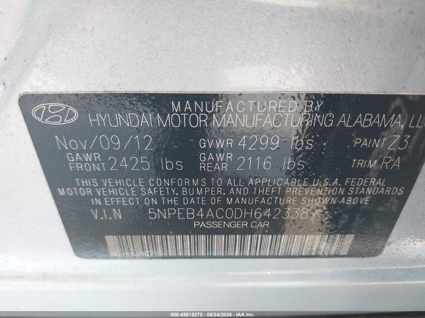 2013 HYUNDAI SONATA SEDAN 2.4L I-4 DI, DOHC, VVT, 198HP