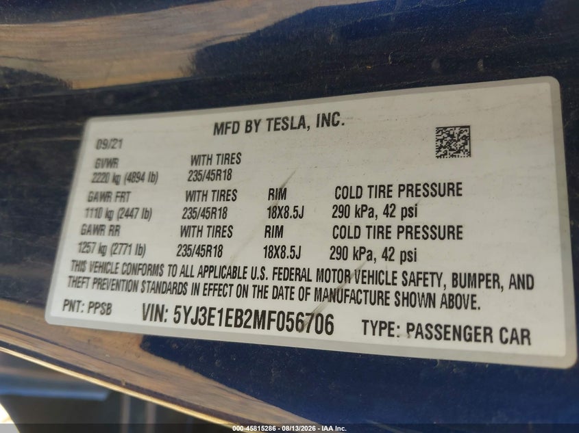 TESLA MODEL 3 2021 VIN 5YJ3E1EB2MF056706