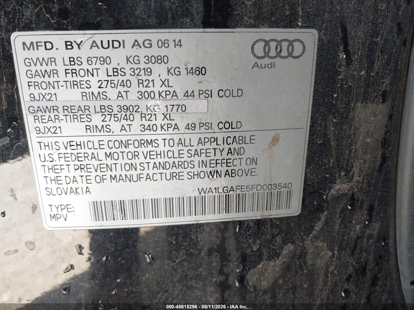2015 AUDI Q7 SPORT UTILITY VEHICLE 3.0L V-6 DI, DOHC, VVT, SUPERCHARGER, 280HP